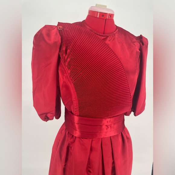 Rare 1980s Ruby Red Donna Morgan Satin Puff Sleeve Cocktail Dress - Picture 4 of 16